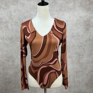 Vestique 70's Retro Brown Pink Swirl Print Long Sleeve V Neck‎ Bodysuit Size L